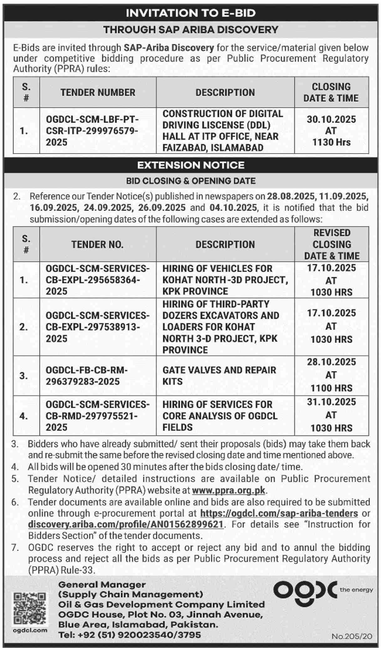 Oil & Gas Development Company Limited Tender Notice